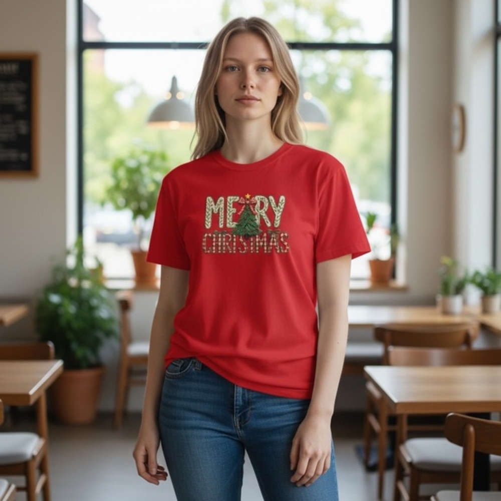 🎄 Merry Christmas Graphic Tee – Holiday Tree Shirt – Red – Cute Festive Top